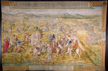 Flämischer Wandteppich. Serie Die Eroberung von Tunis: Einnahme von Tunis. Kartonist Jan Cornelisz Vermeyen. Atelier Willem de Pannemaker, Brüssel. Ca. 1545