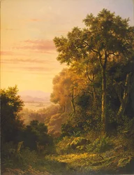 Landschaft mit Hirschen bei Sonnenaufgang