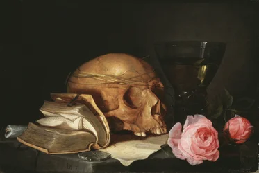 Vanitas Stillleben mit einem Schädel, einem Buch und Rosen