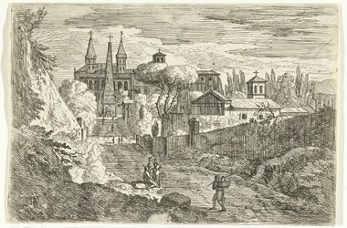 Italianisierende Landschaft mit Reisenden bei Stadtmauern