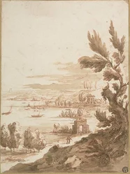 Blick vom Hügel über einen Hafen