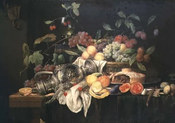 Stillleben mit Zinnkrug, Hackfleischpastete und Obst
