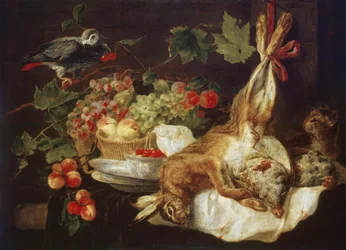 Hase, Obst und Papagei