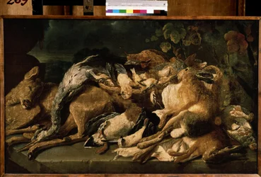 Stillleben mit Wild. Hase, Hirschkuh, Enten. Gemälde von Jan (Johannes) Fyt (1611-1661) 1640 Puschkin-Museum, Moskau