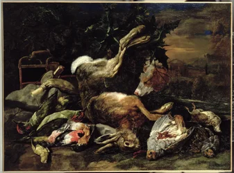 Stillleben mit einem Hasen, Singvögeln und einem Vogelfangnetz mit einem Spaniel im Hintergrund