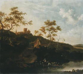 Flusslandschaft mit einem Gentleman zu Pferd und Bauern auf einer Fähre, eine Taverne unterhalb eines Schlosses im Hintergrund