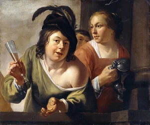 Ein junger Trinker und eine Dienerin trinken auf einem Balkon
