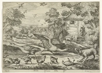 Landschaft mit zwei Gänsen, die ihre Jungen verteidigen