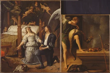 Tobias und Sarah mit dem Erzengel Raphael, der den Dämon Asmodeus exorziert, wieder zusammengesetzt aus zwei getrennten Fragmenten