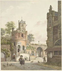Stadtmauer mit einem Turm und einem Tor, von innen gesehen