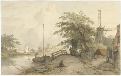 Landschaft mit Brücke und Haus an einem Weg entlang eines Wassers