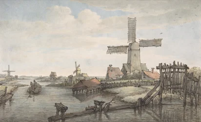 Blick auf einen Kanal mit drei Windmühlen