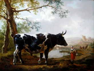Ein Preisbulle in einer grünen Landschaft