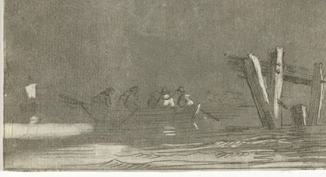 Ruderboot mit Figuren auf einem Fluss