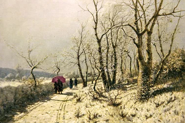 Verschneiter Wintertag mit Figuren auf dem Weg
