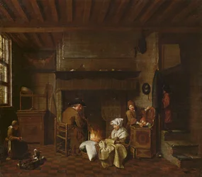 Innenraumszene, neben dem Kamin