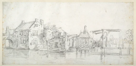 Ein Kanal mit Gebäuden, darunter ein Zollhaus und eine Zollbrücke, um 1650