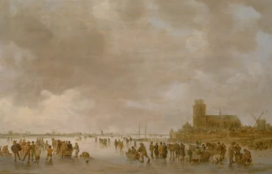 Eine Winterlandschaft mit Schlittschuhläufern auf dem Eis