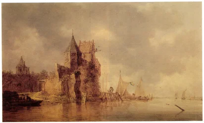 Ein mittelalterlicher Turm auf einer Burgmauer mit Segelschiffen an einem Steg und einem Ruderboot im Vordergrund, ca. 1642