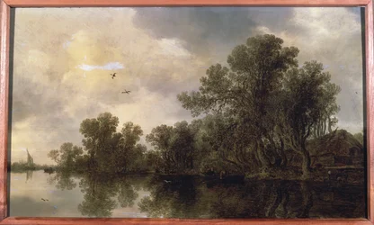 Eine bewaldete Flusslandschaft mit Bauern in einem Ruderboot bei einem Cottage und einer Fähre, ein Segelboot in der Ferne, 1633