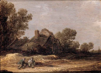 Bauern ruhen sich auf einem Weg bei einem Bauernhof aus - ein Fragment