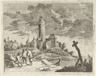 Landschaft mit Schloss und drei Männern