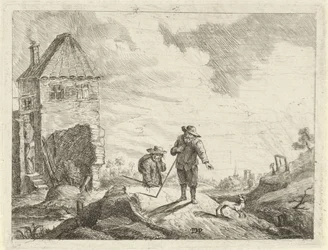 Zwei Bauern mit einem Hund auf einem Feldweg