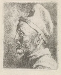 Kopf eines alten Mannes mit hoher Mütze