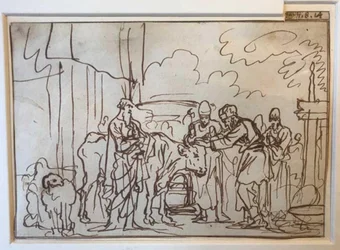 Der Stier wird für das Sündopfer dargebracht, Aaron und seine Söhne legen ihre Hände auf seinen Kopf (Lev. 8,14)