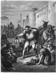 Äsop und Christus: der griechische Schriftsteller Äsop (6. Jahrhundert v. Chr.) mit einer Laterne in der Hand, durchquert einen Weg unter Figuren mit Tierköpfen auf der Suche nach 