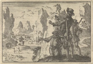 Bewaffnete Spanier blicken von Felsen auf völlig wilde Menschen, ca. 1600