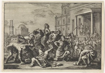 Herodes lässt seinen Barbier Tryfon, Tyro und dessen Sohn wegen Verdachts auf Verrat steinigen