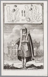Jüdischer Mann, gekleidet zum Gebet. Im Hintergrund die Portugiesische Synagoge von Amsterdam