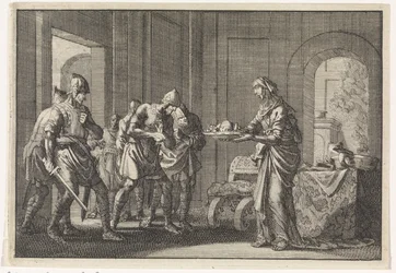 Mutter zeigt Kriegern die Überreste ihres gegessenen Kindes während der Hungersnot in Jerusalem, 1704