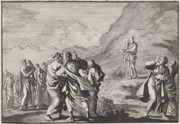 Moses empfängt die Gesetzestafeln und zeigt sie dem Volk