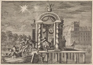 Fliehende Pyrotechniker bei einer großen Dekoration am Vijverberg in Den Haag zu Ehren der Geburt des Sohnes von König Jakob II., 1688