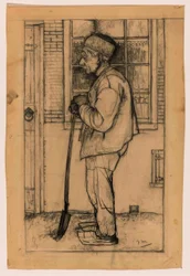 Douwe im Profil, mit einem Spaten vor einem Haus stehend