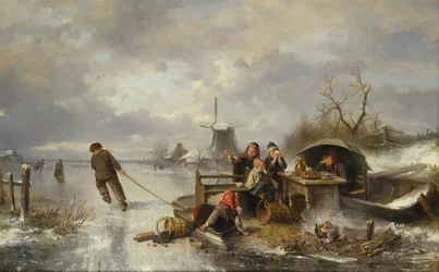 Kinder spielen auf einem zugefrorenen See in einer Winterlandschaft