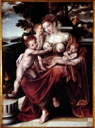 Allegorie der Nächstenliebe (Frau füttert mehrere Babys)