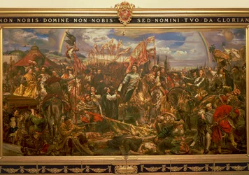 Gemälde von Jan Matejko oder Jan Mateyko (1838-1893), das Johann III. Sobieski bei der Befreiung Wiens und der Übersendung der Siegesbotschaft an den Papst zeigt