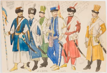 Kostümstudien - eine Reihe männlicher Figuren in Militärkleidung