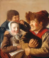 Ein zähnefletschender Mann mit Hund und ein Mädchen mit Katze