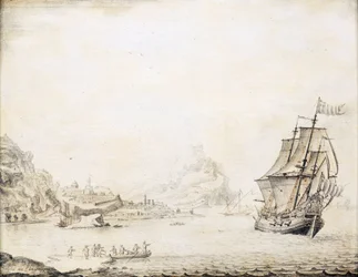Ein britisches Schiff vor der Küste von Satalia (Türkei), 1677, umgeben von einer felsigen Küste, mit antiken Stadtmauern und Minaretten