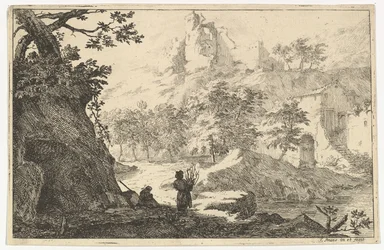 Landschaft mit Ruinen einer Burg auf einem Hügel, frühes 18. Jahrhundert