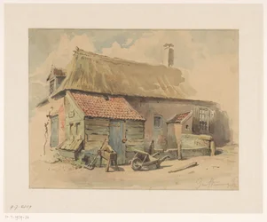 Bauernhaus mit Holzvorbau, davor eine Schubkarre und ein Schleifstein