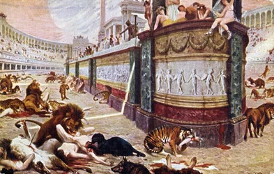 Postkarte, die die blutigen Spiele in der Arena in Rom zeigt, Illustration aus 