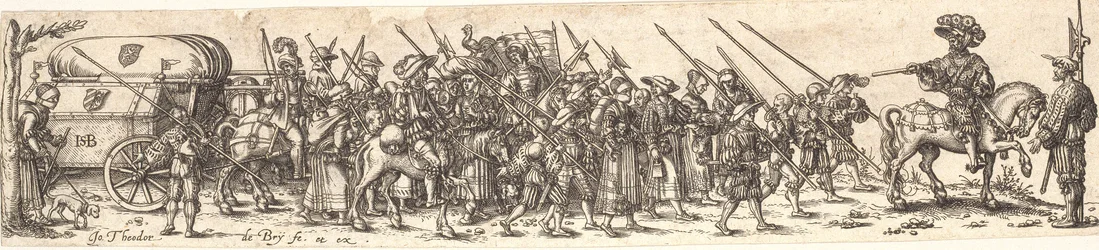 Truppe von Soldaten, vorne ein Offizier zu Pferd