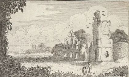Landschaft mit einer Kirche in Ruinen und zwei Hirten im Gespräch