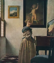 Eine junge Frau steht an einem Virginal, etwa 1670-1672