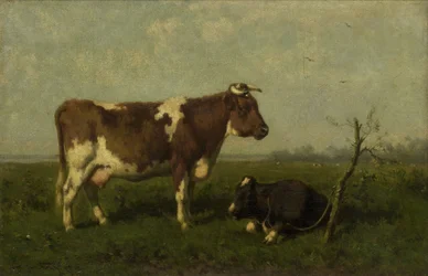 Eine Kuh mit ihrem Kalb auf einer Wiese